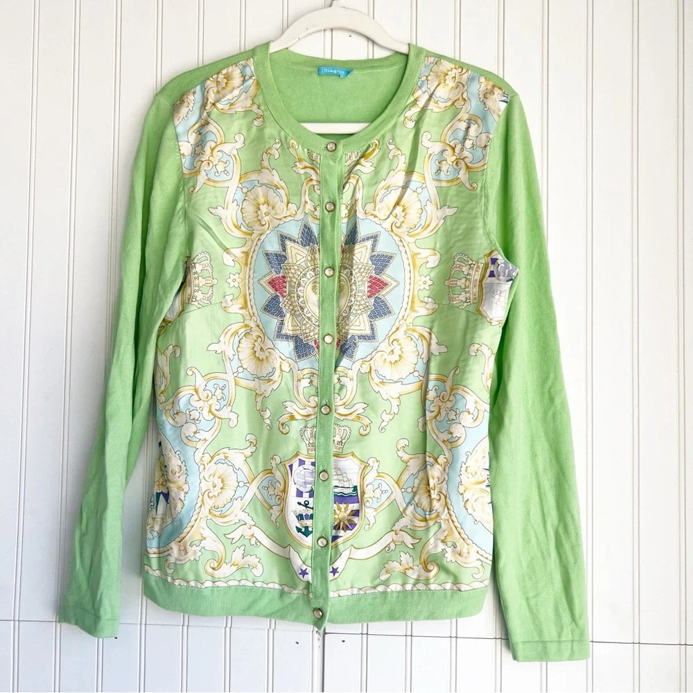 J. McLaughlin Size M Green Medallion Print Silk Panel Cardigan Sweater